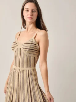 Dresses|Misook Modern Fit-and-Flare Lurex Striped Knit Maxi Dress Biscotti/Mahogany/Gold
