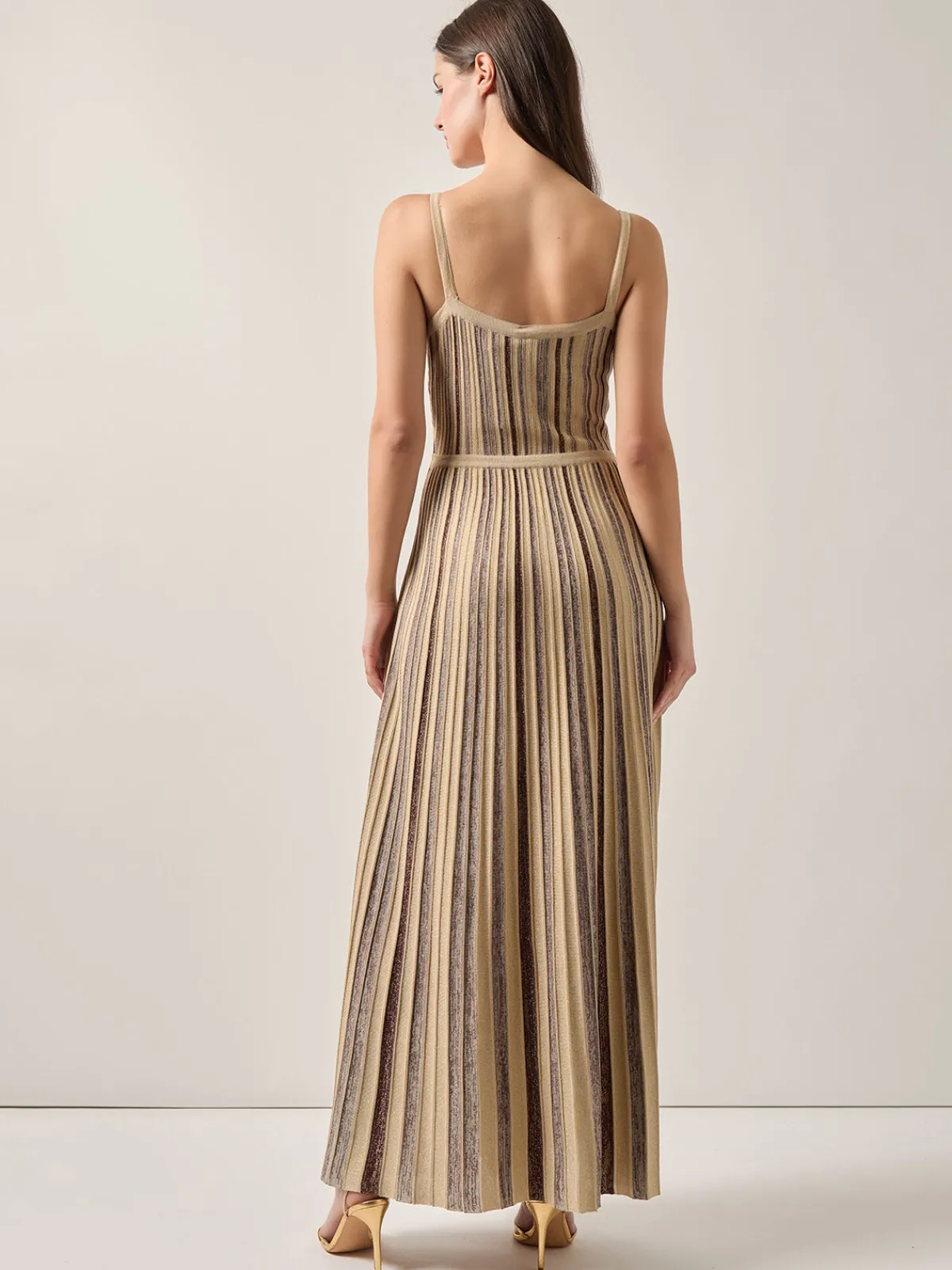 Dresses|Misook Modern Fit-and-Flare Lurex Striped Knit Maxi Dress Biscotti/Mahogany/Gold