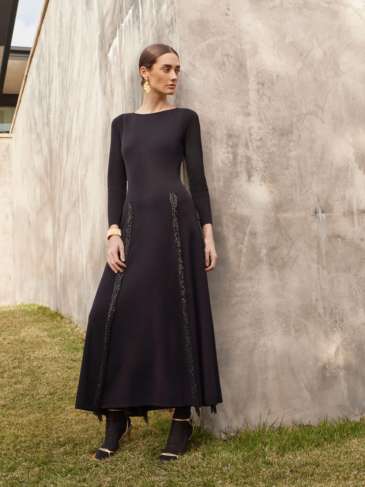 Dresses|Misook Modern Fit-and-Flare Sequin Princess Seam Knit Maxi Dress Black