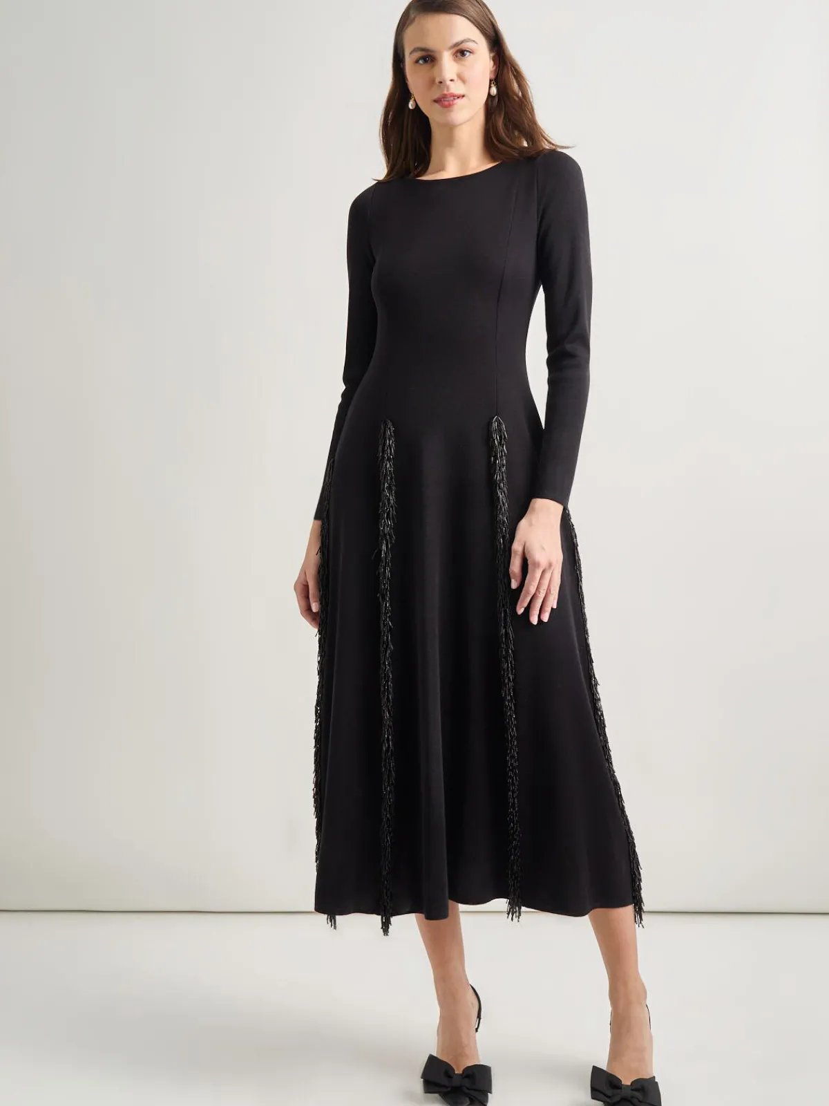 Dresses|Misook Modern Fit-and-Flare Sequin Princess Seam Knit Maxi Dress Black