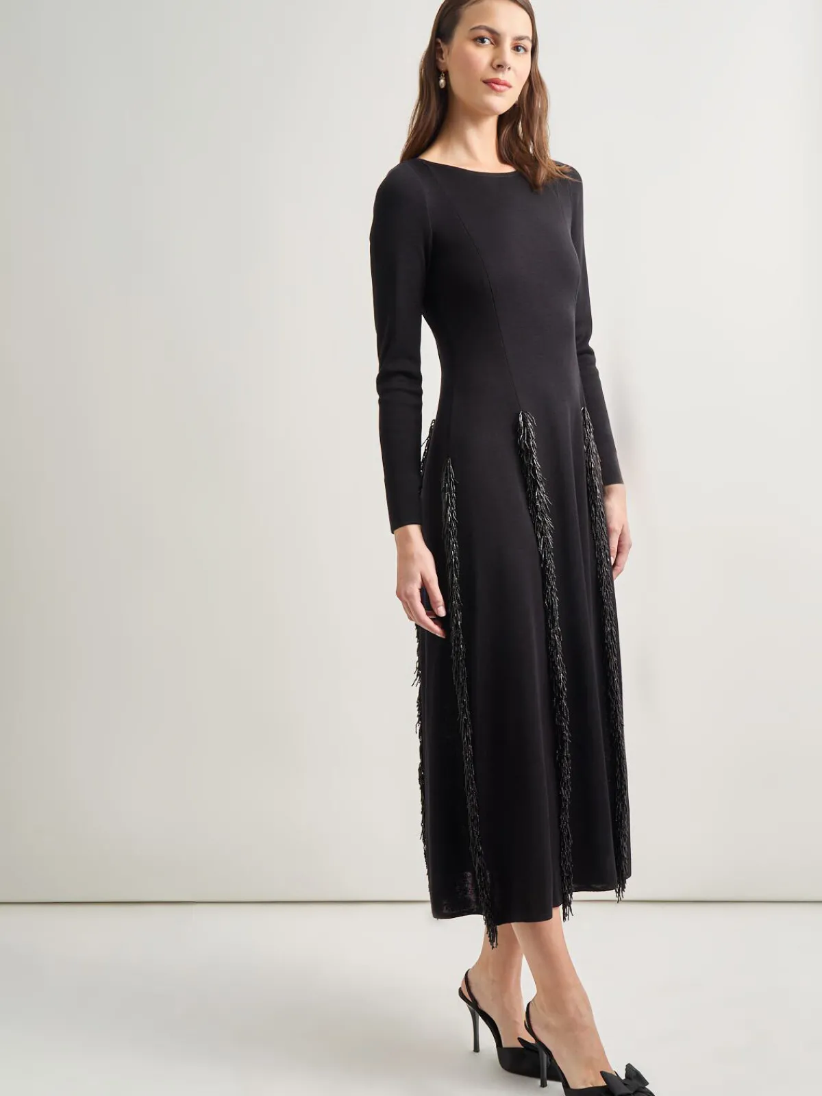 Dresses|Misook Modern Fit-and-Flare Sequin Princess Seam Knit Maxi Dress Black