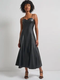 Dresses|Misook Modern Fit-and-Flare Vegan Leather Princess Seam Maxi Dress Black