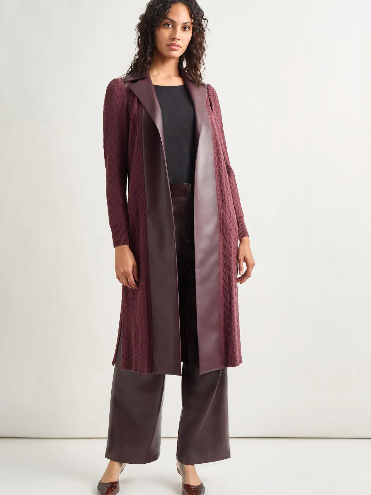 Jackets & Coats|Misook Notched Collar Long Mixed Media Jacket Mahogany