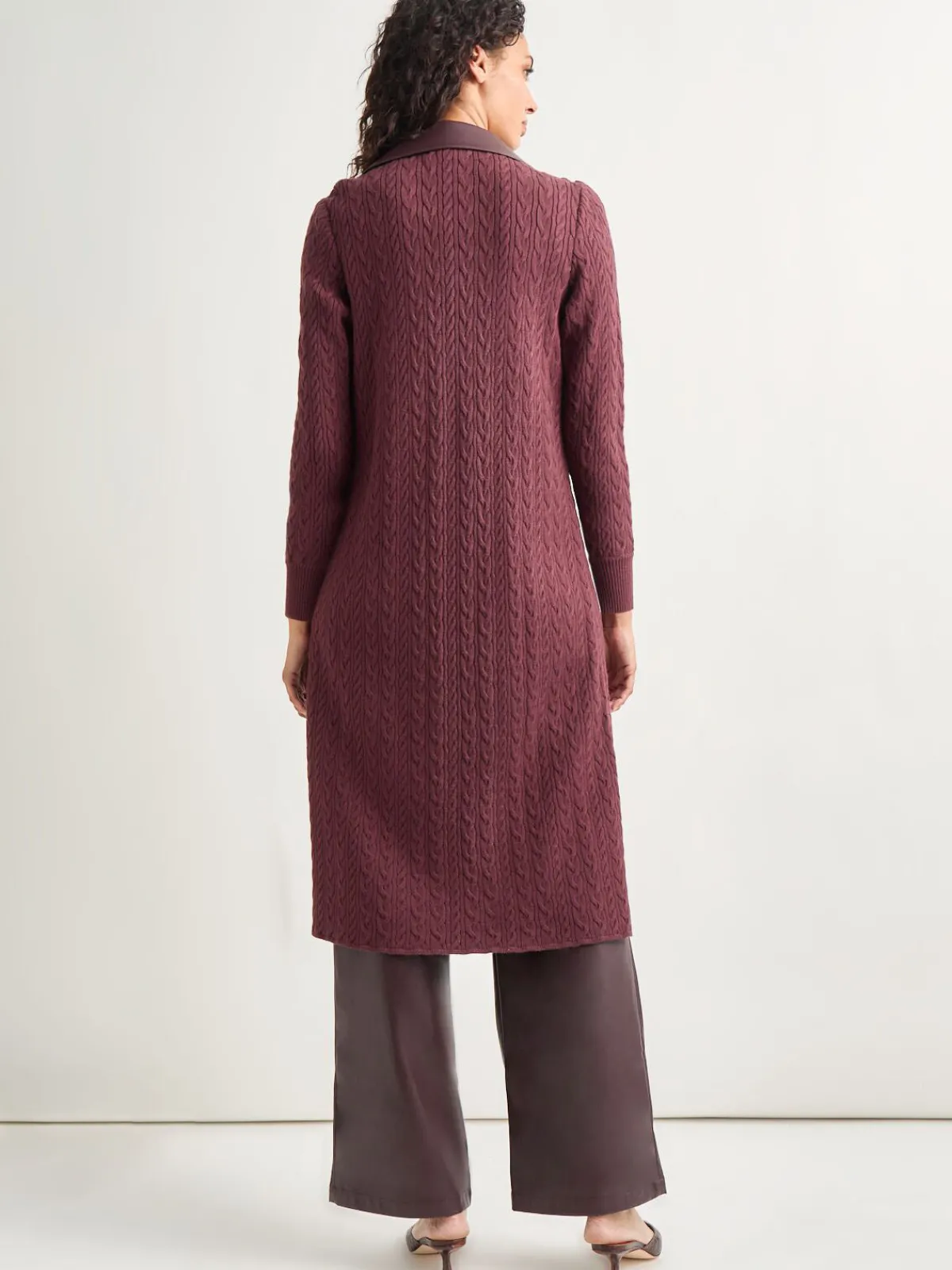 Jackets & Coats|Misook Notched Collar Long Mixed Media Jacket Mahogany