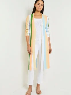 Jackets & Coats|Misook Open Neck Heritage Fit Jacket - Striped Intarsia Knit Fringe Hem PeachBlossom/CaribbeanMist/PaleGold/VerdantClover/White