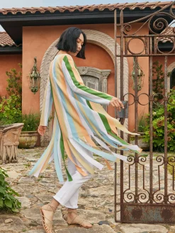 Jackets & Coats|Misook Open Neck Heritage Fit Jacket - Striped Intarsia Knit Fringe Hem PeachBlossom/CaribbeanMist/PaleGold/VerdantClover/White