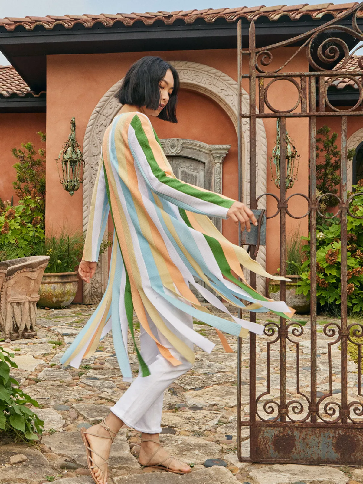 Jackets & Coats|Misook Open Neck Heritage Fit Jacket - Striped Intarsia Knit Fringe Hem PeachBlossom/CaribbeanMist/PaleGold/VerdantClover/White