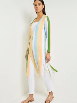 Jackets & Coats|Misook Open Neck Heritage Fit Jacket - Striped Intarsia Knit Fringe Hem PeachBlossom/CaribbeanMist/PaleGold/VerdantClover/White