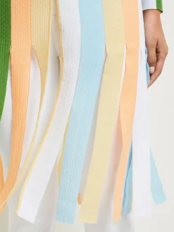 Jackets & Coats|Misook Open Neck Heritage Fit Jacket - Striped Intarsia Knit Fringe Hem PeachBlossom/CaribbeanMist/PaleGold/VerdantClover/White