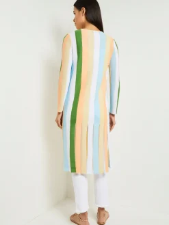 Jackets & Coats|Misook Open Neck Heritage Fit Jacket - Striped Intarsia Knit Fringe Hem PeachBlossom/CaribbeanMist/PaleGold/VerdantClover/White