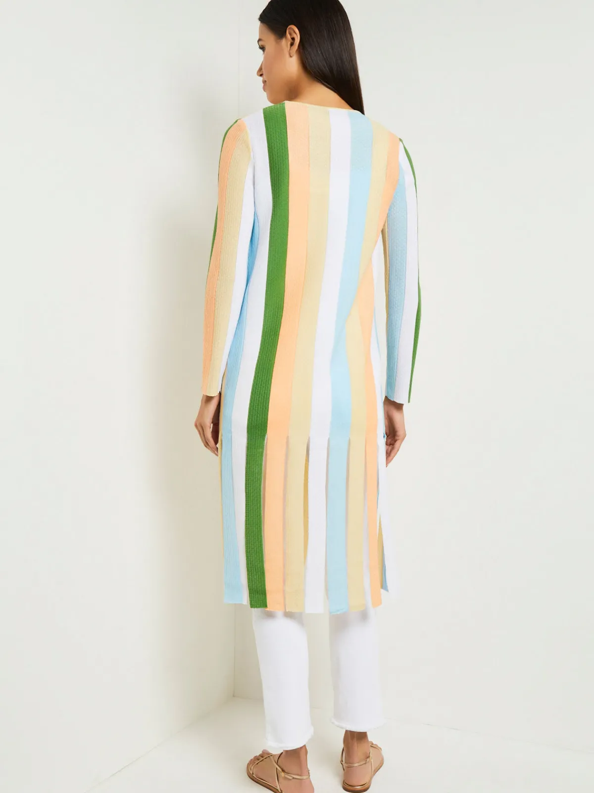 Jackets & Coats|Misook Open Neck Heritage Fit Jacket - Striped Intarsia Knit Fringe Hem PeachBlossom/CaribbeanMist/PaleGold/VerdantClover/White