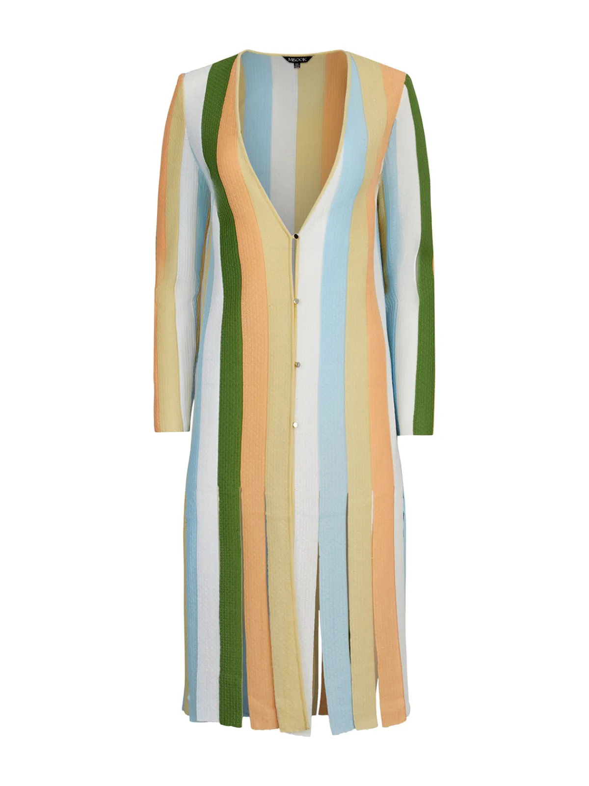 Jackets & Coats|Misook Open Neck Heritage Fit Jacket - Striped Intarsia Knit Fringe Hem PeachBlossom/CaribbeanMist/PaleGold/VerdantClover/White