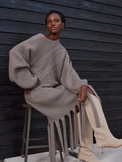 Dresses|Misook Oversized Cable Knit Wool Blended Sheath Maxi Dress Mink