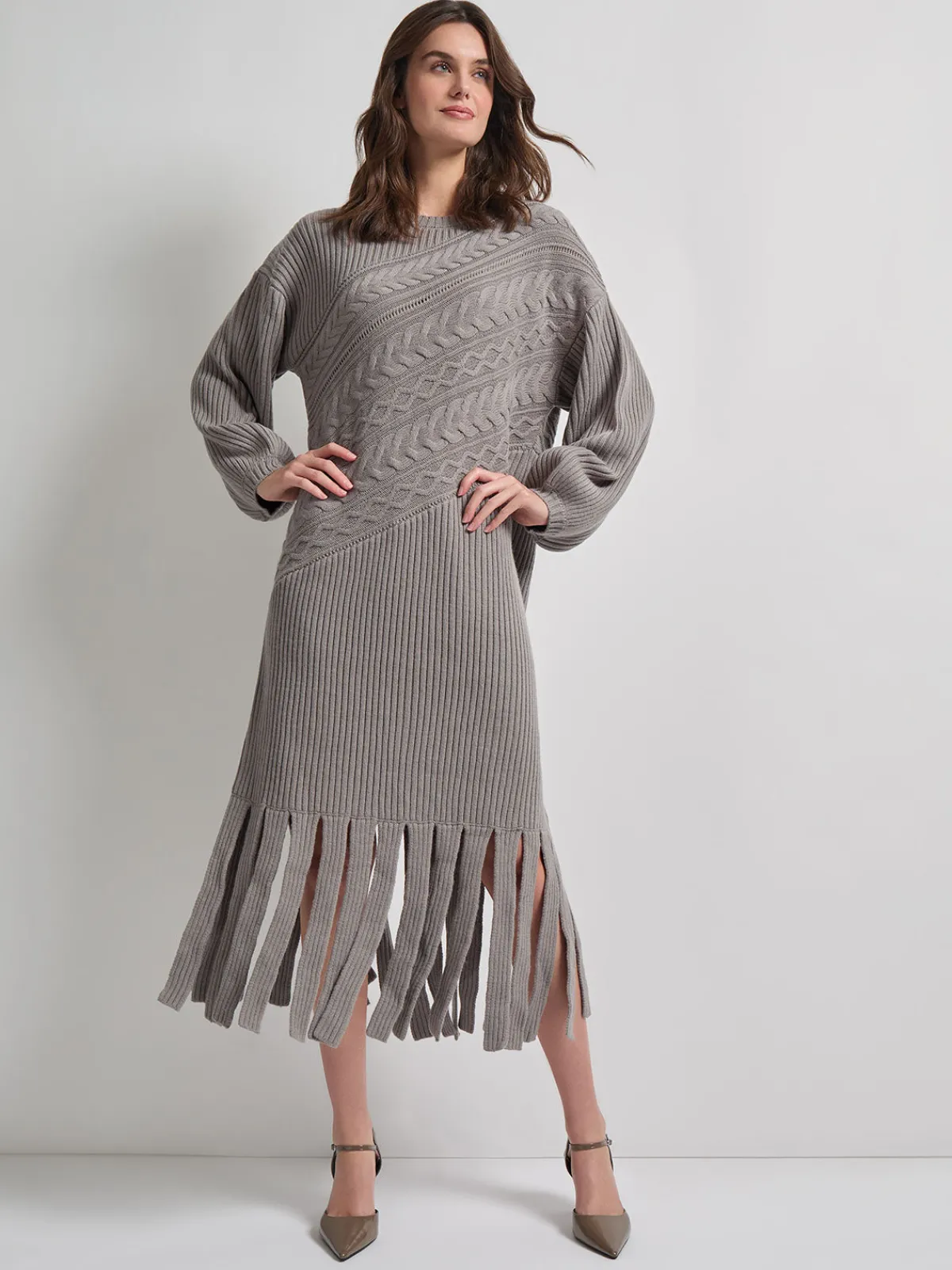 Dresses|Misook Oversized Cable Knit Wool Blended Sheath Maxi Dress Mink