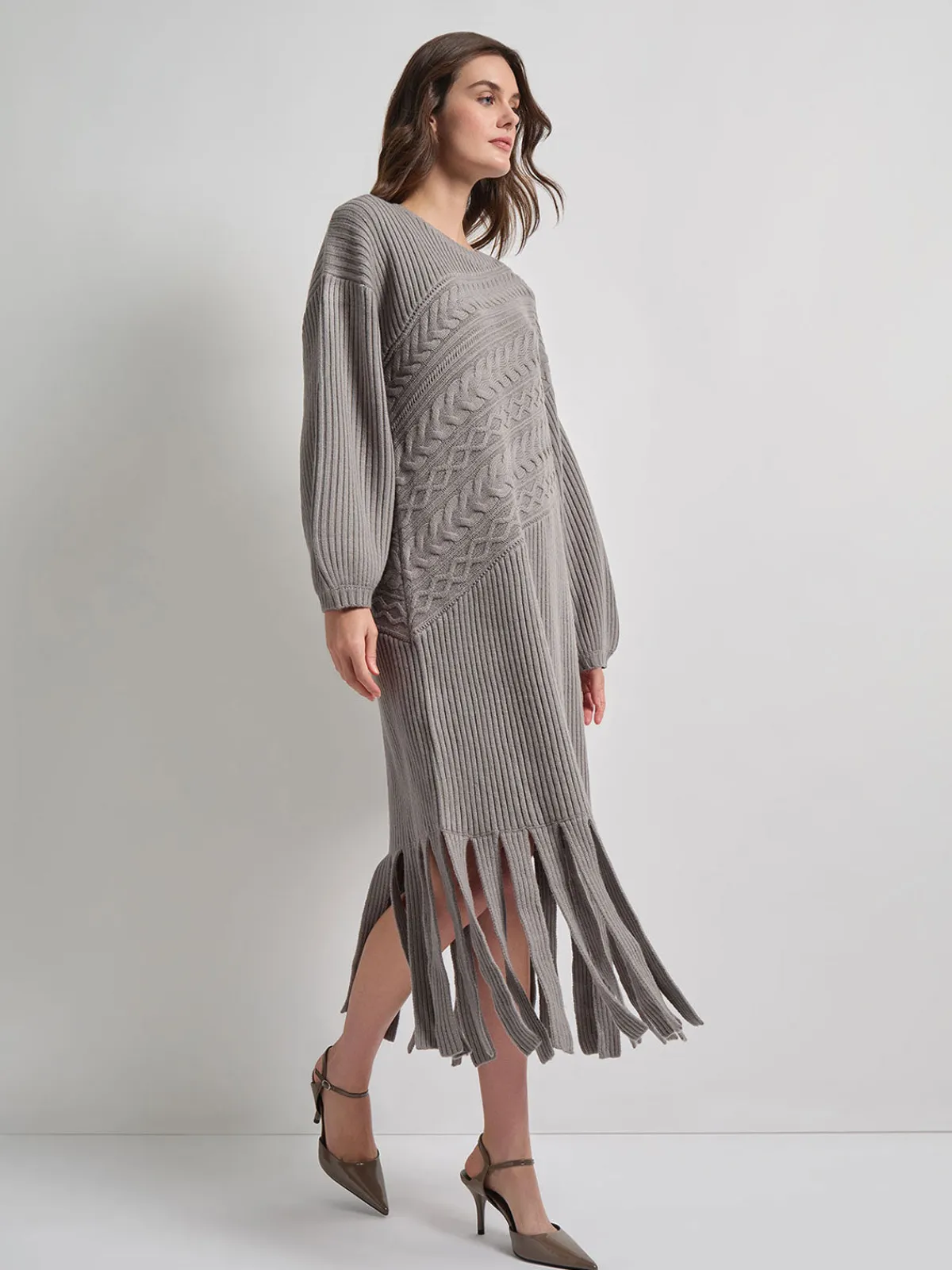 Dresses|Misook Oversized Cable Knit Wool Blended Sheath Maxi Dress Mink