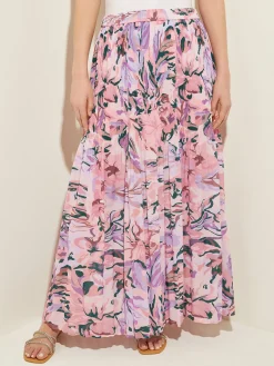 Skirts|Misook Pink Pleated Skirt - Floral Maxi Skirt | RosePetal/Macchiato/LavenderField/Spruce/Biscotti/White
