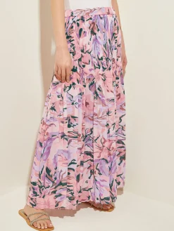 Skirts|Misook Pink Pleated Skirt - Floral Maxi Skirt | RosePetal/Macchiato/LavenderField/Spruce/Biscotti/White
