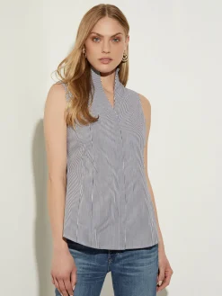 Blouses & Shirts|Tops & Tees|Misook Pinstripe Sleeveless Stretch Cotton Blouse, Black/White