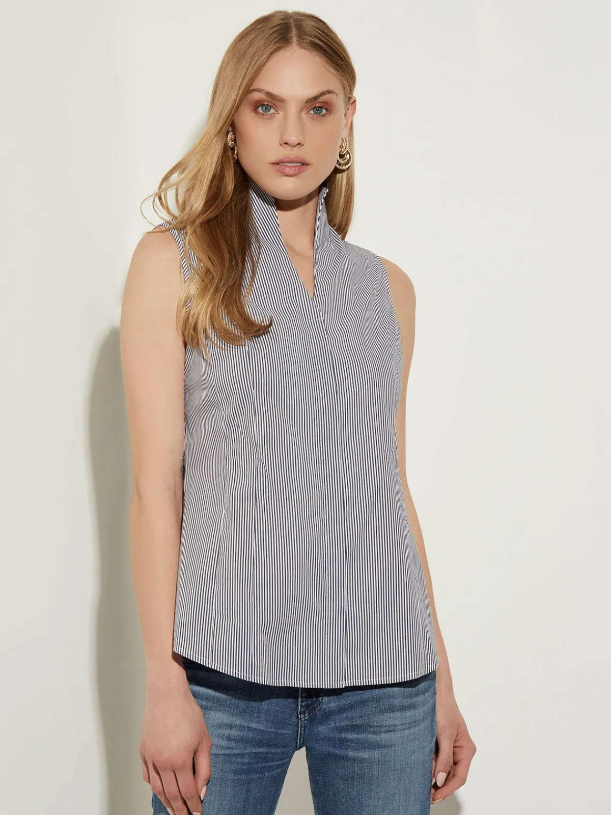 Blouses & Shirts|Tops & Tees|Misook Pinstripe Sleeveless Stretch Cotton Blouse, Black/White
