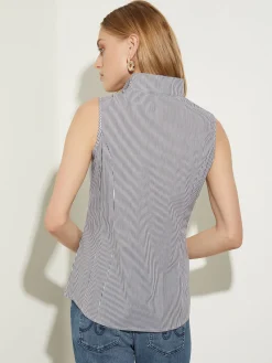 Blouses & Shirts|Tops & Tees|Misook Pinstripe Sleeveless Stretch Cotton Blouse, Black/White