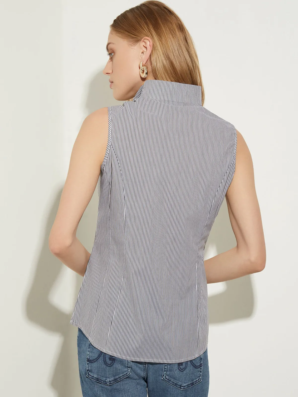 Blouses & Shirts|Tops & Tees|Misook Pinstripe Sleeveless Stretch Cotton Blouse, Black/White