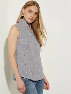 Blouses & Shirts|Tops & Tees|Misook Pinstripe Sleeveless Stretch Cotton Blouse, Black/White