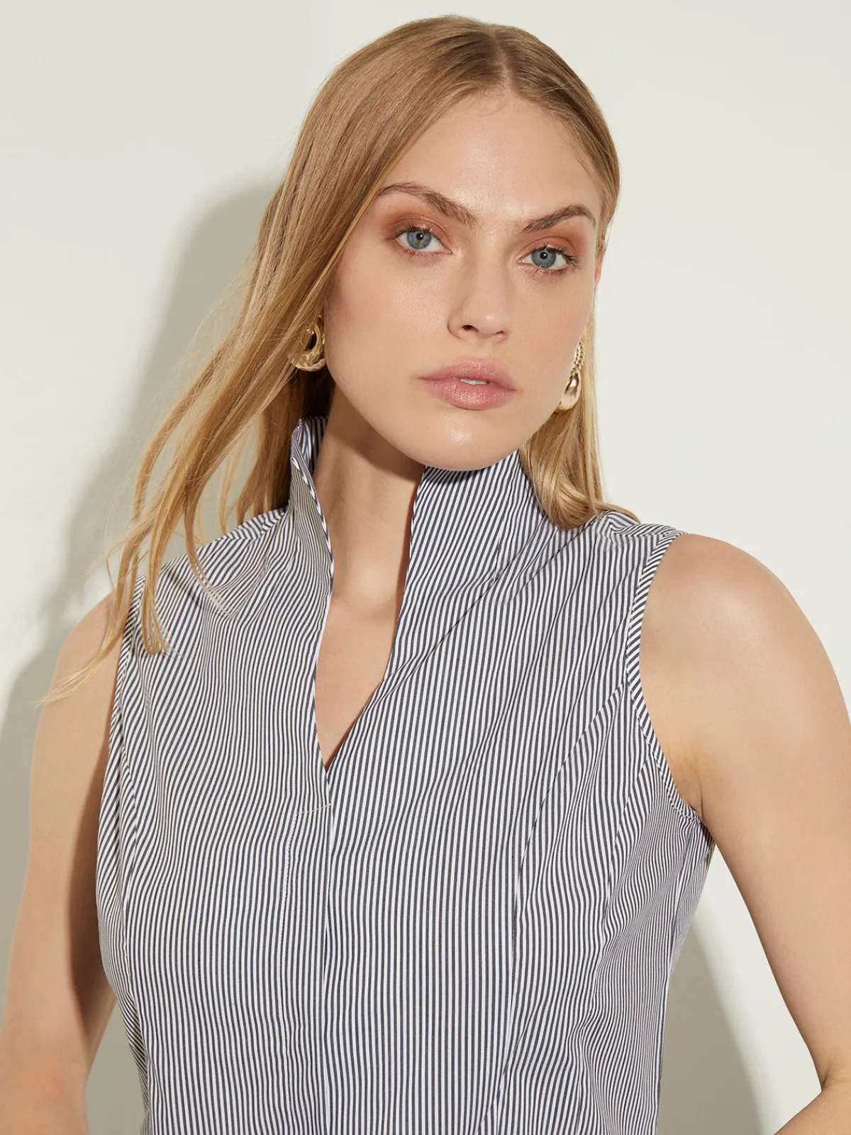 Blouses & Shirts|Tops & Tees|Misook Pinstripe Sleeveless Stretch Cotton Blouse, Black/White
