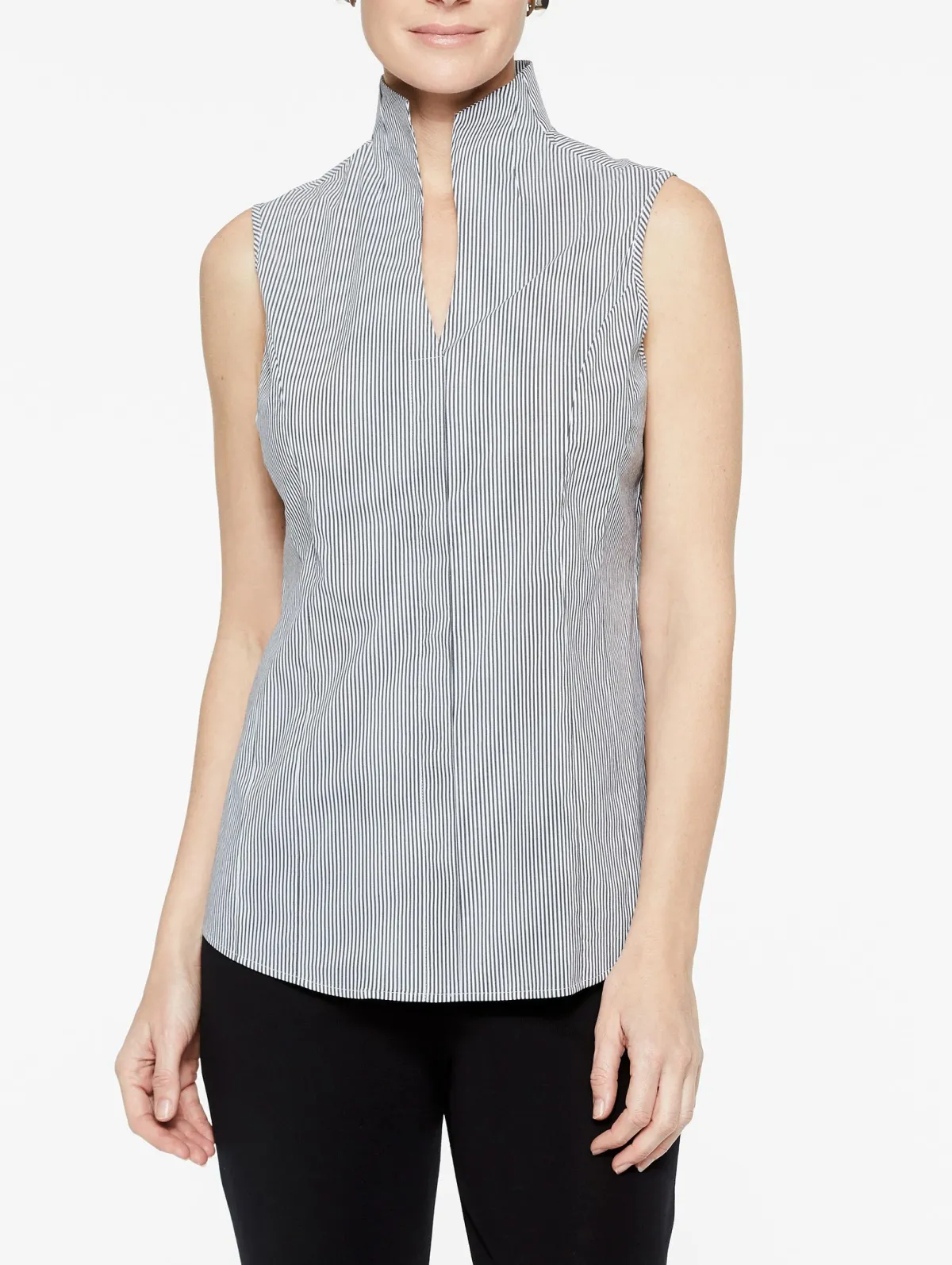 Blouses & Shirts|Tops & Tees|Misook Pinstripe Sleeveless Stretch Cotton Blouse, Black/White