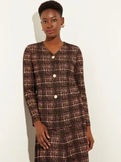 Jackets & Coats|Misook Plaid Button-Front Knit Jacket Mahogany/ItalianClay/Biscotti/Black
