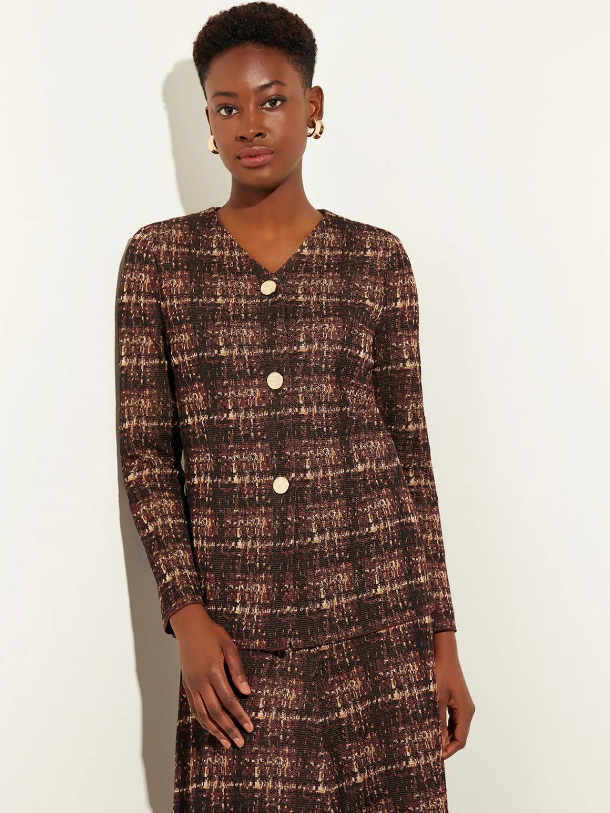 Jackets & Coats|Misook Plaid Button-Front Knit Jacket Mahogany/ItalianClay/Biscotti/Black