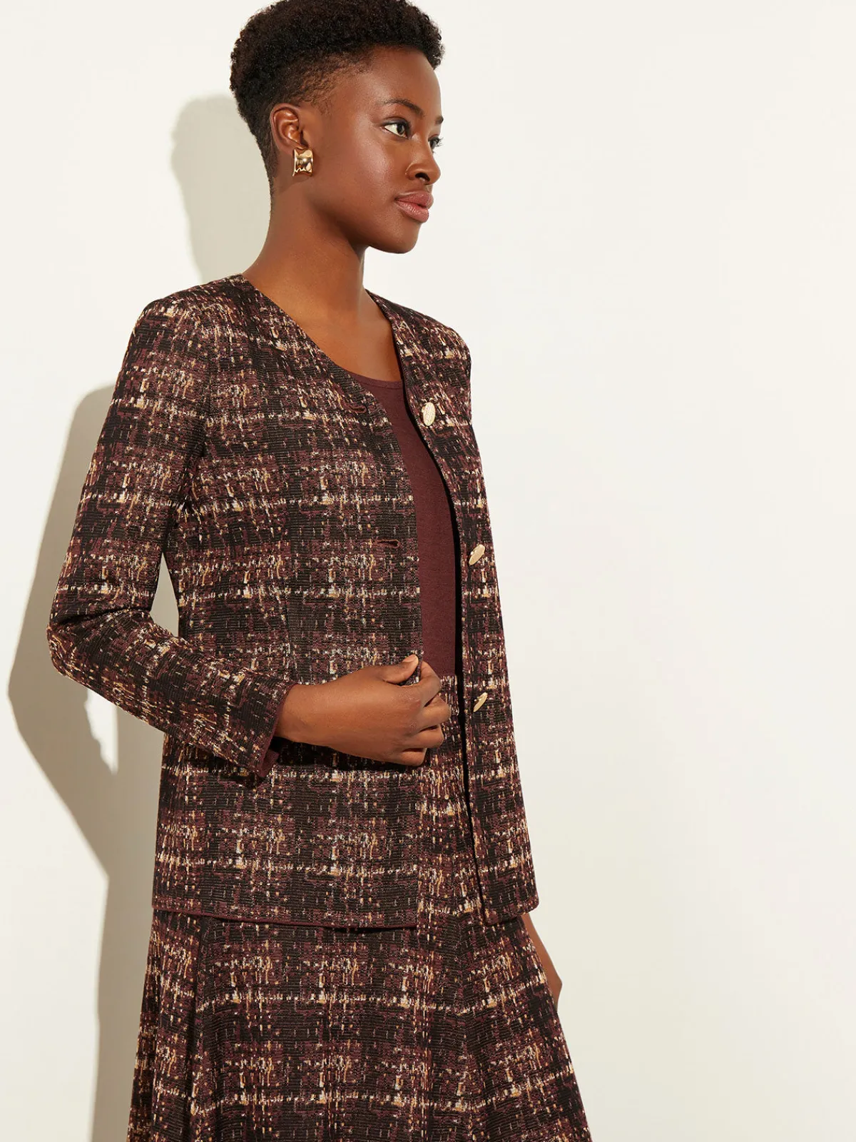 Jackets & Coats|Misook Plaid Button-Front Knit Jacket Mahogany/ItalianClay/Biscotti/Black