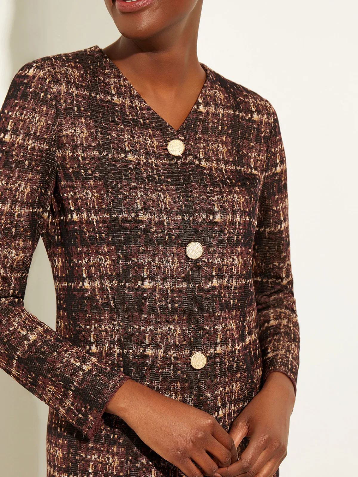Jackets & Coats|Misook Plaid Button-Front Knit Jacket Mahogany/ItalianClay/Biscotti/Black