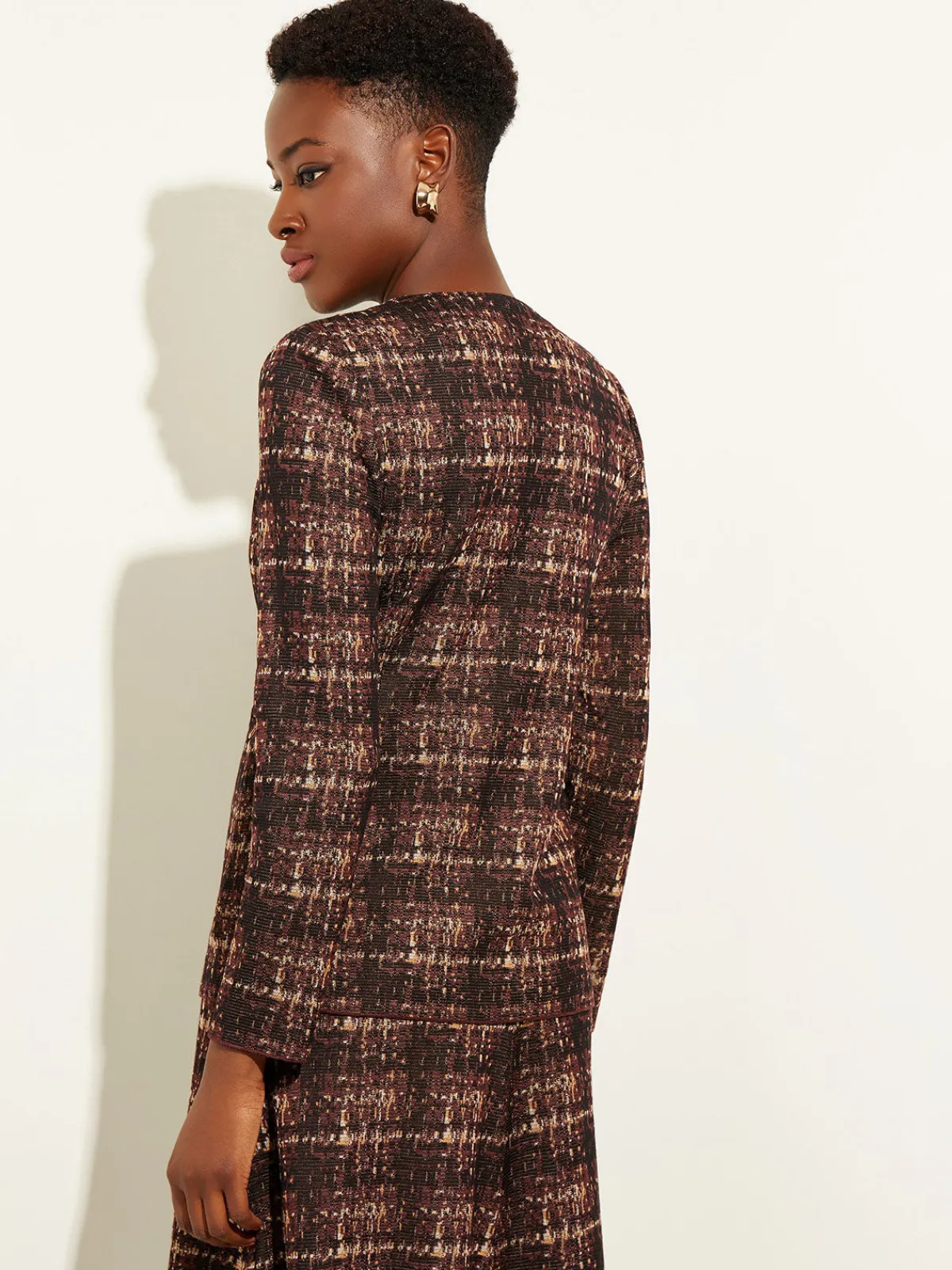 Jackets & Coats|Misook Plaid Button-Front Knit Jacket Mahogany/ItalianClay/Biscotti/Black