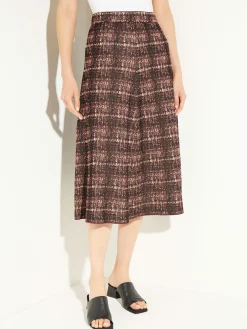 Skirts|Misook Plaid Knit A-Line Midi Skirt Mahogany/ItalianClay/Biscotti/Black