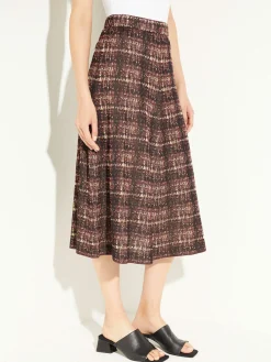 Skirts|Misook Plaid Knit A-Line Midi Skirt Mahogany/ItalianClay/Biscotti/Black