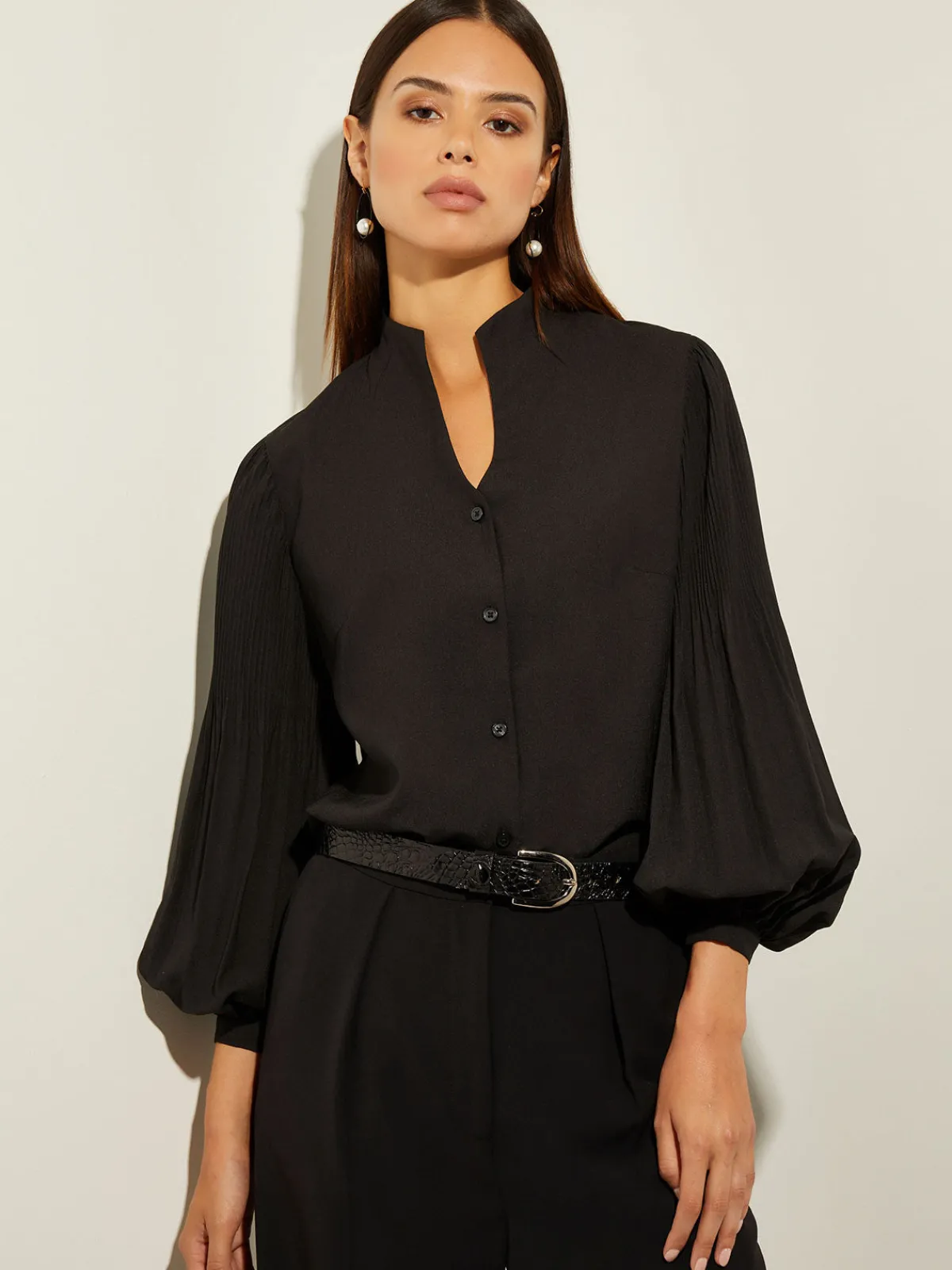 Blouses & Shirts|Tops & Tees|Misook Pleated Bishop Sleeve Stretch Crepe Blouse Black