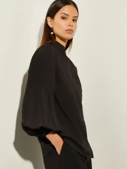 Blouses & Shirts|Tops & Tees|Misook Pleated Bishop Sleeve Stretch Crepe Blouse Black
