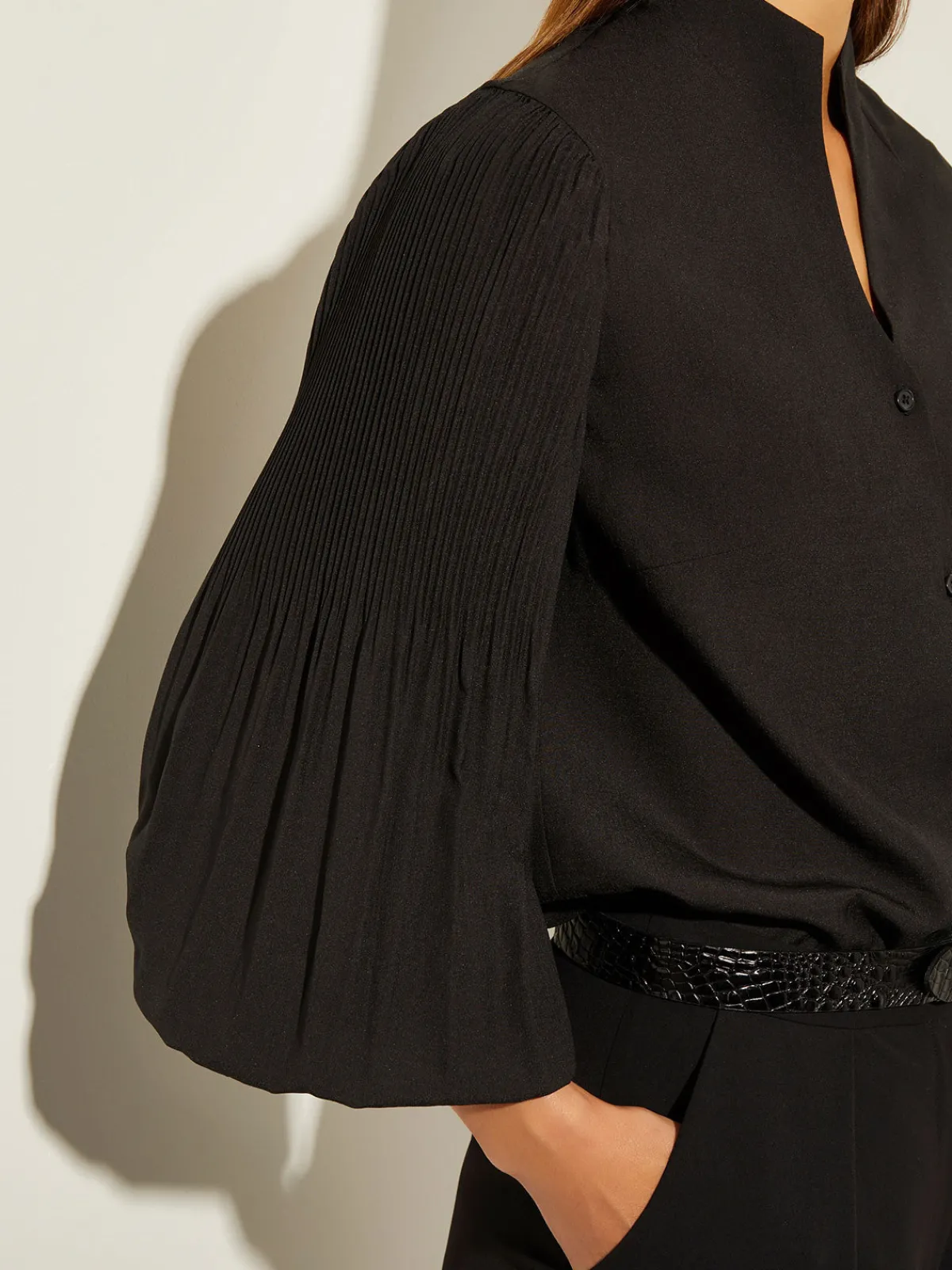 Blouses & Shirts|Tops & Tees|Misook Pleated Bishop Sleeve Stretch Crepe Blouse Black