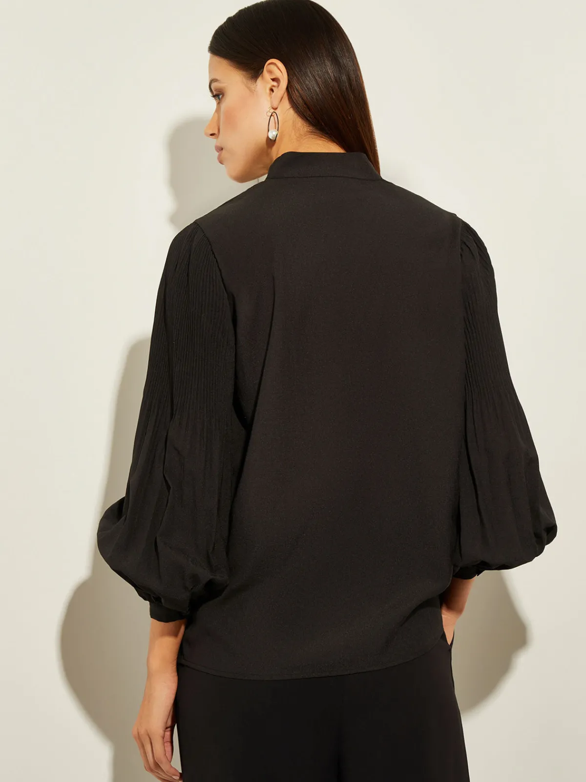 Blouses & Shirts|Tops & Tees|Misook Pleated Bishop Sleeve Stretch Crepe Blouse Black