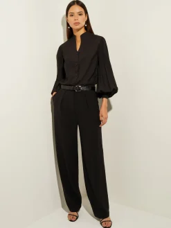 Blouses & Shirts|Tops & Tees|Misook Pleated Bishop Sleeve Stretch Crepe Blouse Black