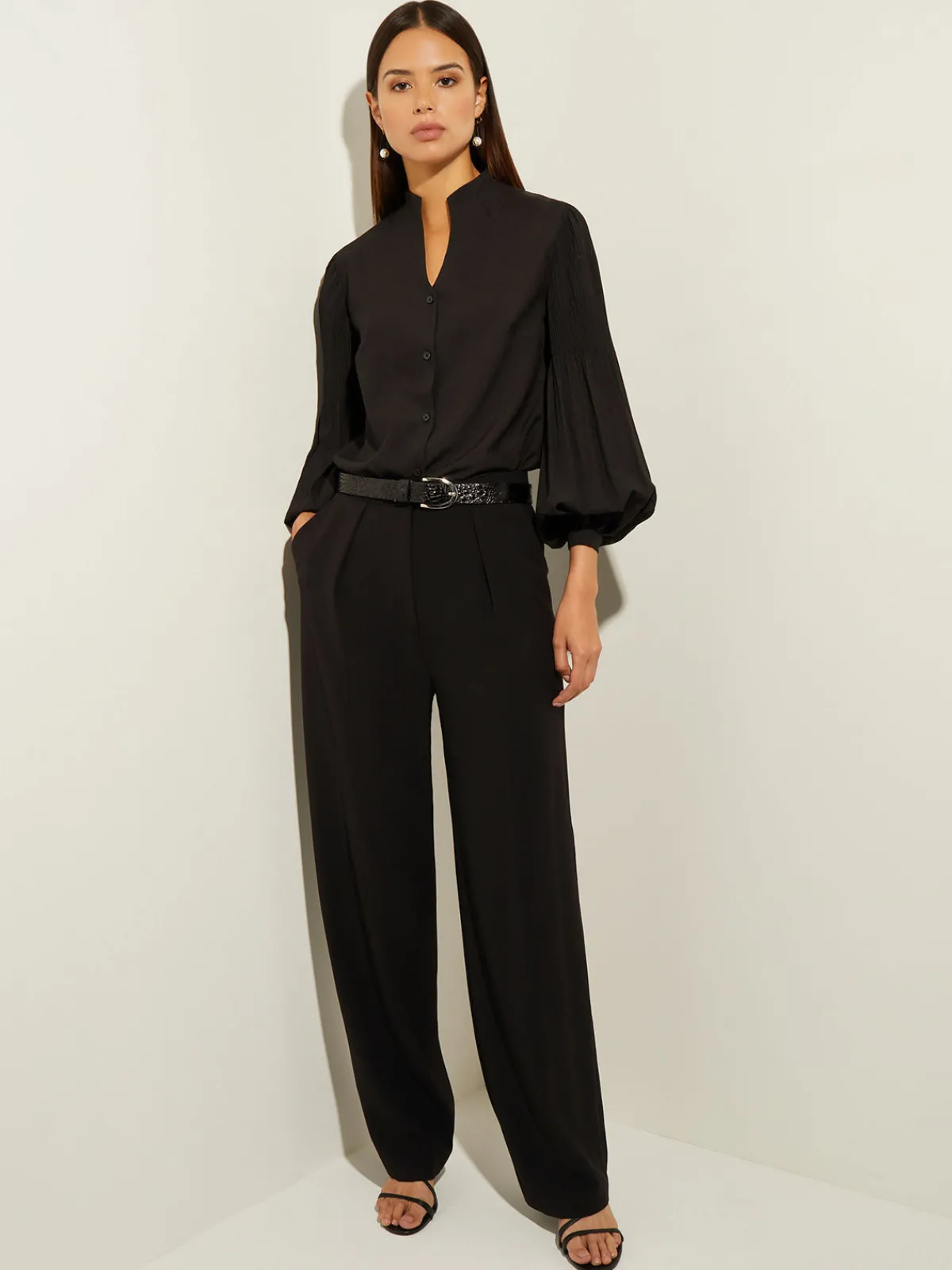Blouses & Shirts|Tops & Tees|Misook Pleated Bishop Sleeve Stretch Crepe Blouse Black