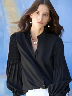 Blouses & Shirts|Tops & Tees|Misook Pleated Bishop Sleeve Stretch Crepe Blouse Black