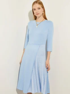 Dresses|Misook Pleated Contrast Panel Soft Knit Dress CirrusBlue/White