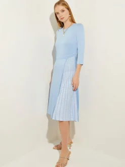 Dresses|Misook Pleated Contrast Panel Soft Knit Dress CirrusBlue/White