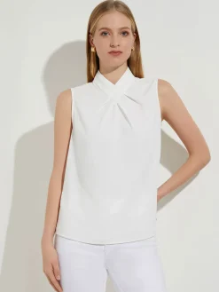 Blouses & Shirts|Tops & Tees|Misook Pleated Crossover Collar Crepe de Chine Blouse White