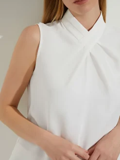 Blouses & Shirts|Tops & Tees|Misook Pleated Crossover Collar Crepe de Chine Blouse White