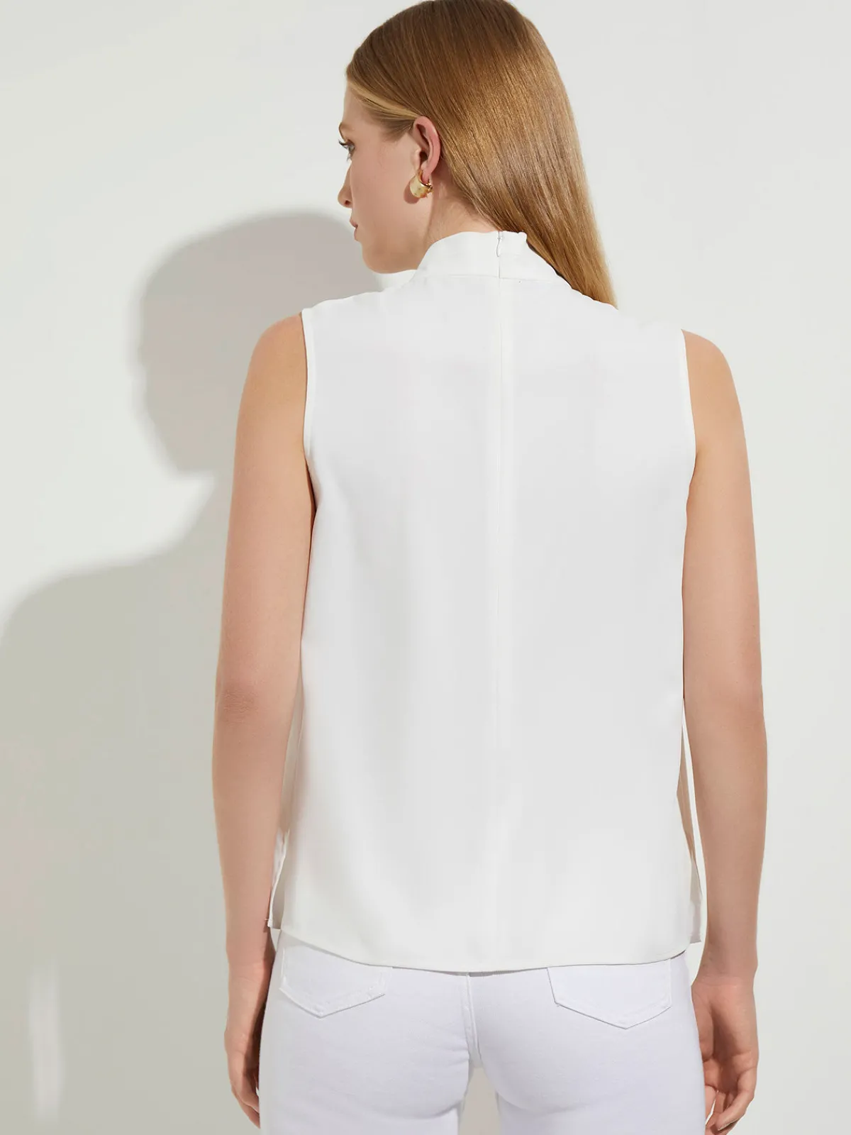 Blouses & Shirts|Tops & Tees|Misook Pleated Crossover Collar Crepe de Chine Blouse White