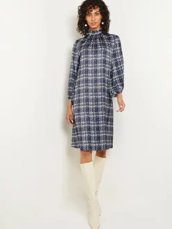 Dresses|Misook Pleated Mock Neck Crepe de Chine Printed A-Line Dress Oceanic/HunterGreen/NeutralGrey/Arctic/White/Black