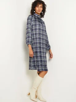 Dresses|Misook Pleated Mock Neck Crepe de Chine Printed A-Line Dress Oceanic/HunterGreen/NeutralGrey/Arctic/White/Black