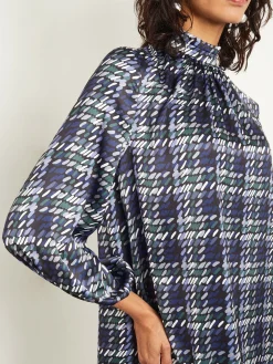 Dresses|Misook Pleated Mock Neck Crepe de Chine Printed A-Line Dress Oceanic/HunterGreen/NeutralGrey/Arctic/White/Black
